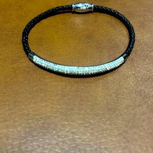 black leather bracelet w crystal-encrusted bar silver-toned magnetic clasp